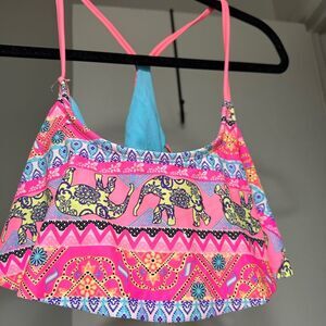 Women’s Flounce Swim Bikini Top in Medium - Pink Elephant Print Racerback